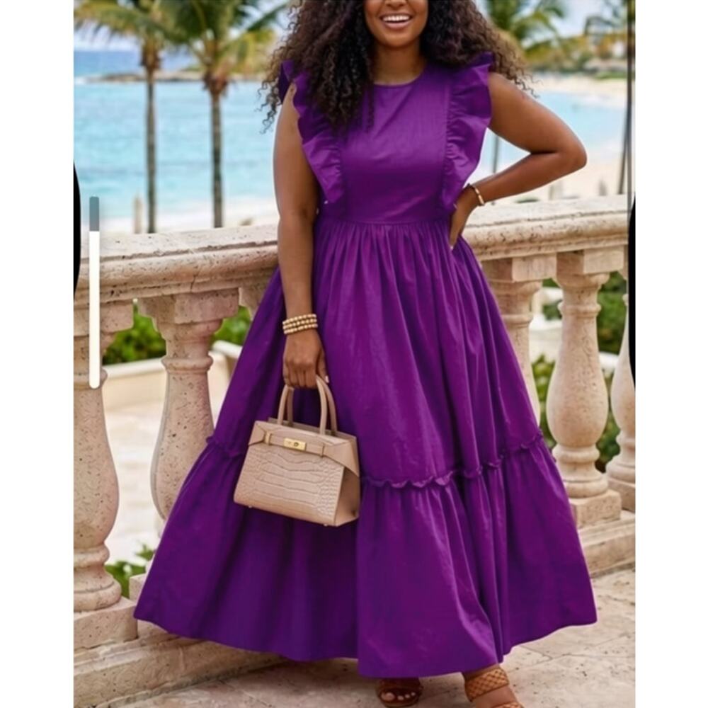 Plus-Size Purple Ruffle Tiered Maxi Dress - Elegant Sleeveless Design